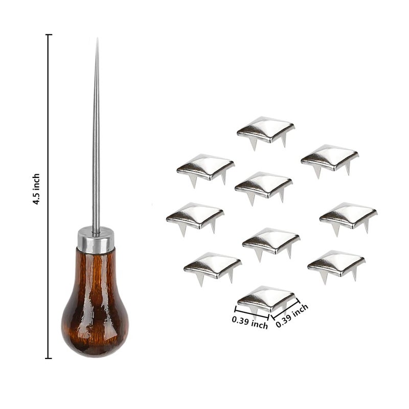 TUZAZO 500 Pieces 10 mm Square Pyramid Studs for Clothing Bag Leather Shoes Punk Rock Jewelry Craft, 4 Prong Metal Nailhead Studs Spikes Accessories with Awl (Silver) - Image 2